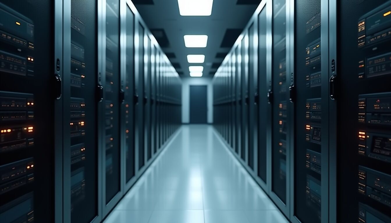 Eye-level view of server room equipped with data servers