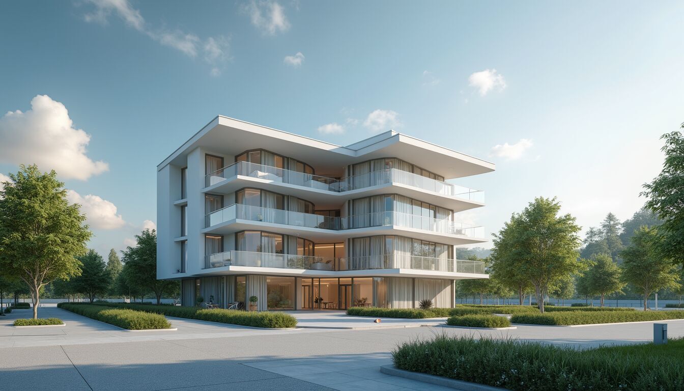 Wide angle view of a modern smart building with efficient energy systems
