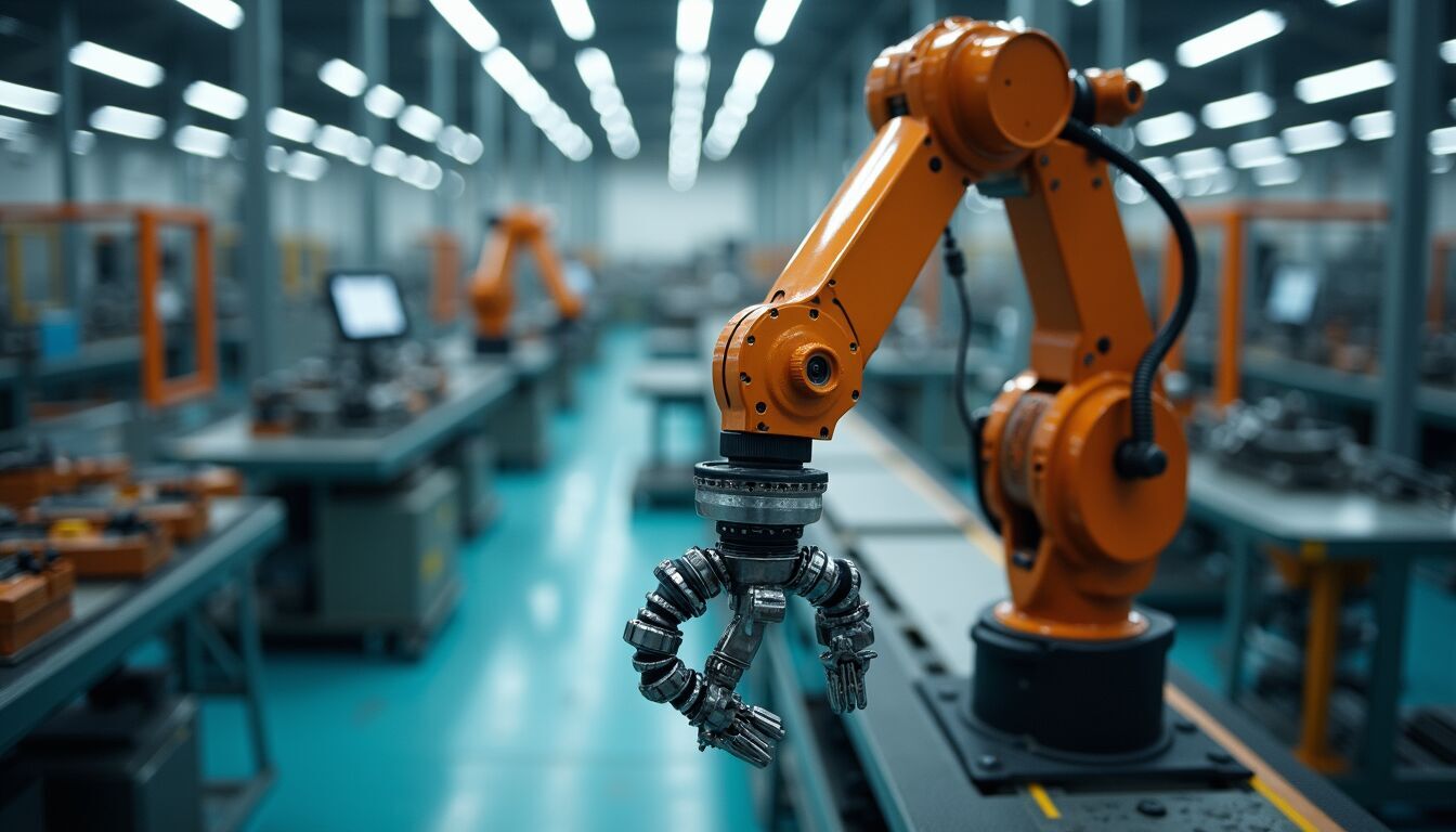 High angle view of a smart factory using robotics for automation