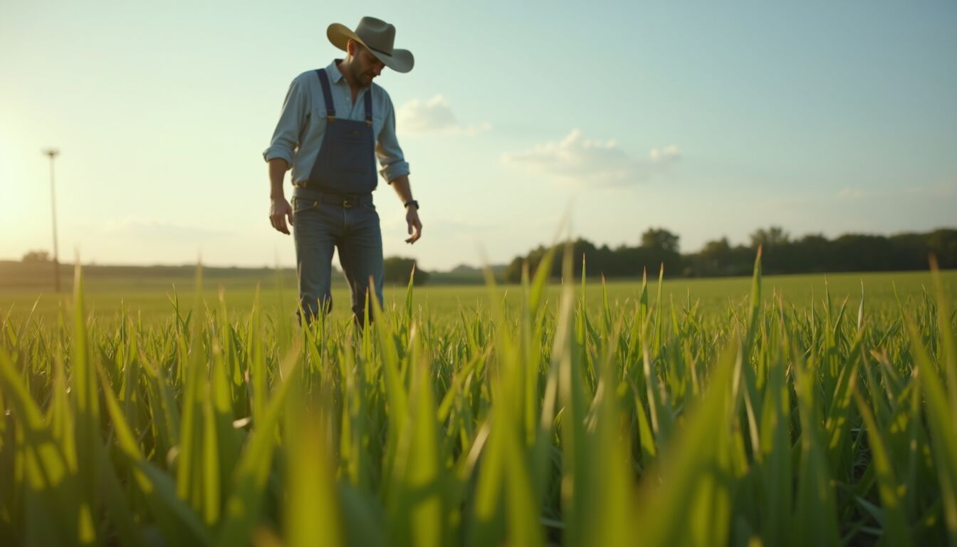 Eye-level view of a farmer inspecting a healthy crop field