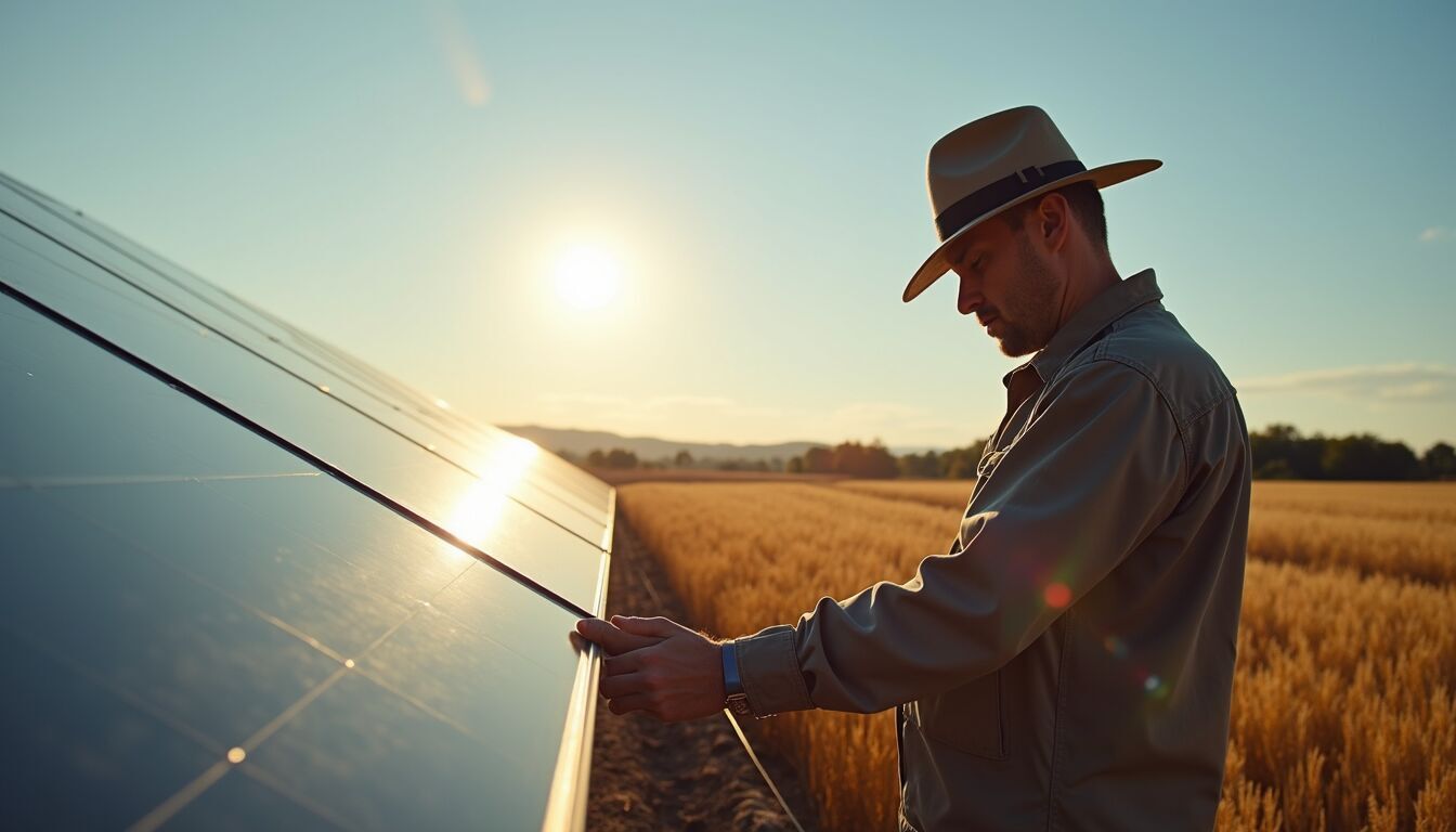 Eye-level view of a farmer inspecting solar panels on a field