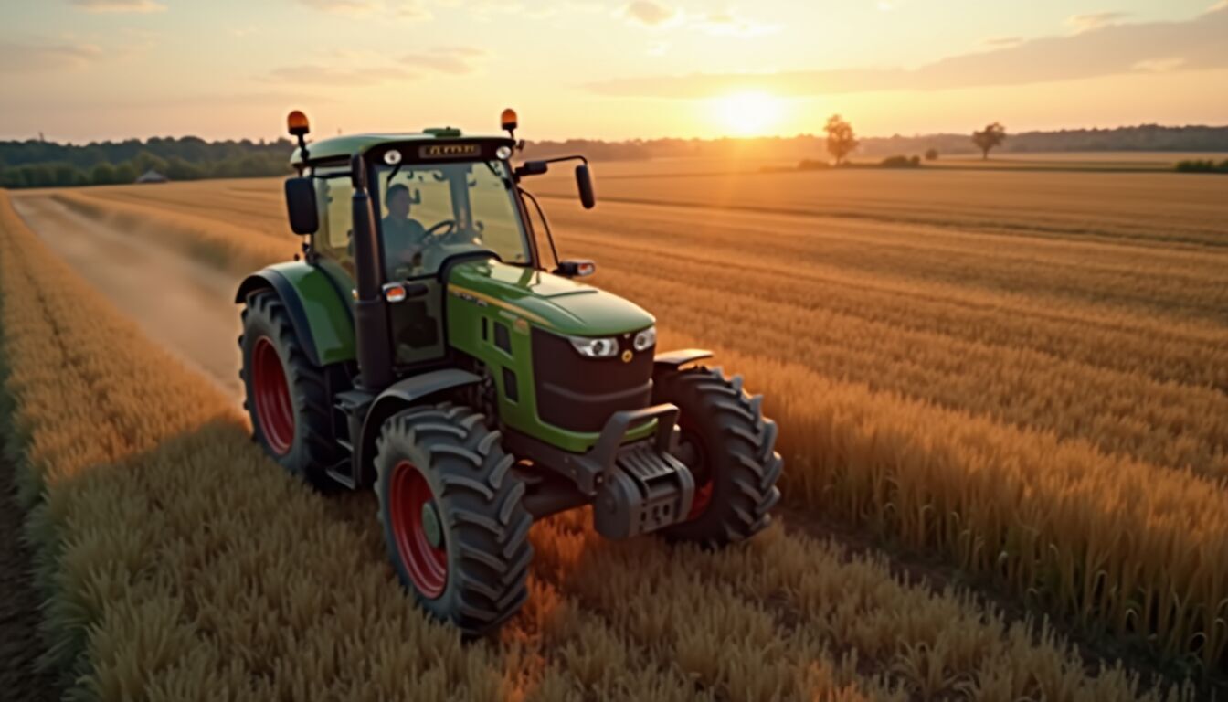 High angle view of a tractor using GPS technology in a field