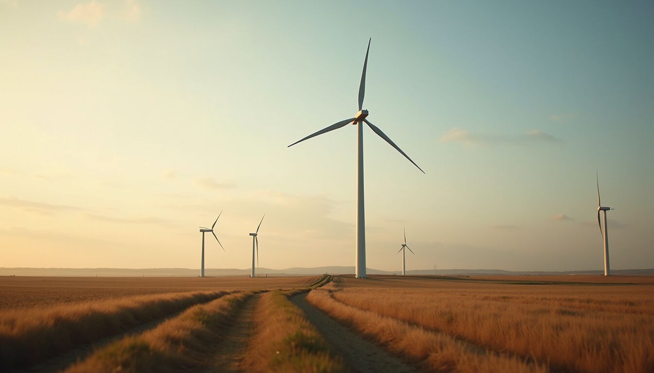 Wide angle view of a wind turbine farm near a rural landscape