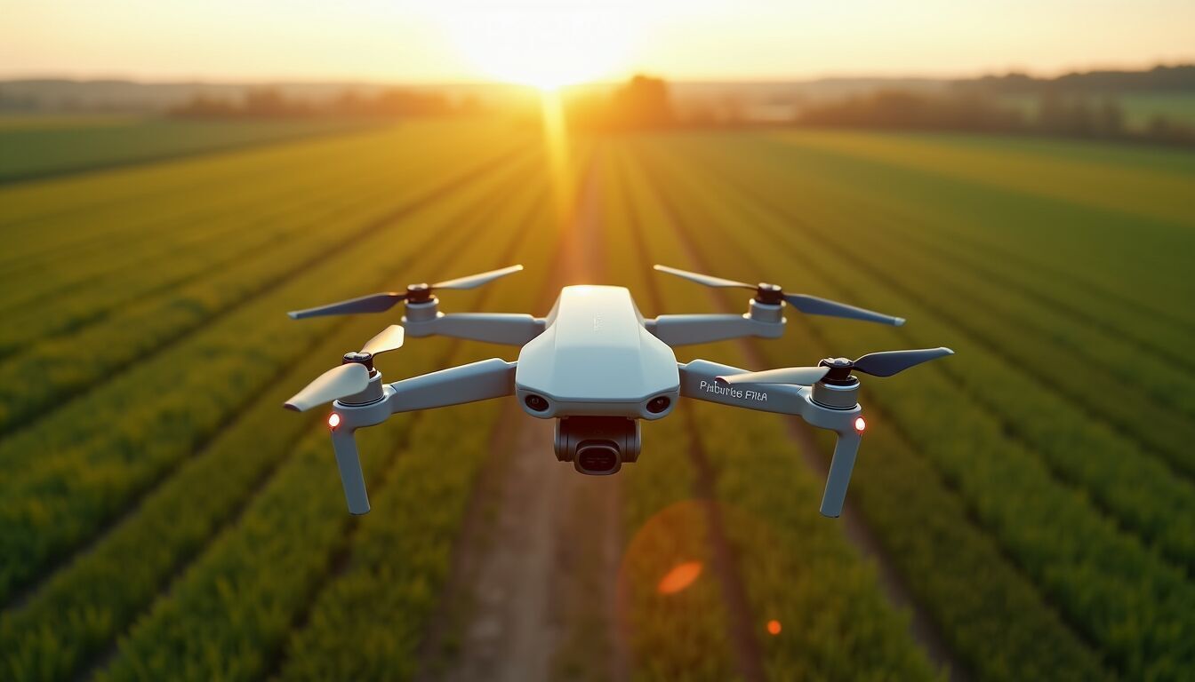 Aerial view of a drone monitoring agricultural fields