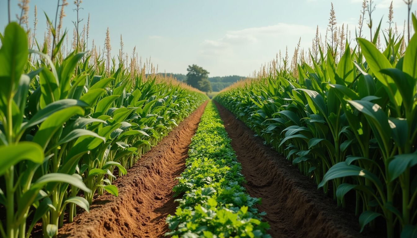 High angle view of a sustainable farm with diverse crops