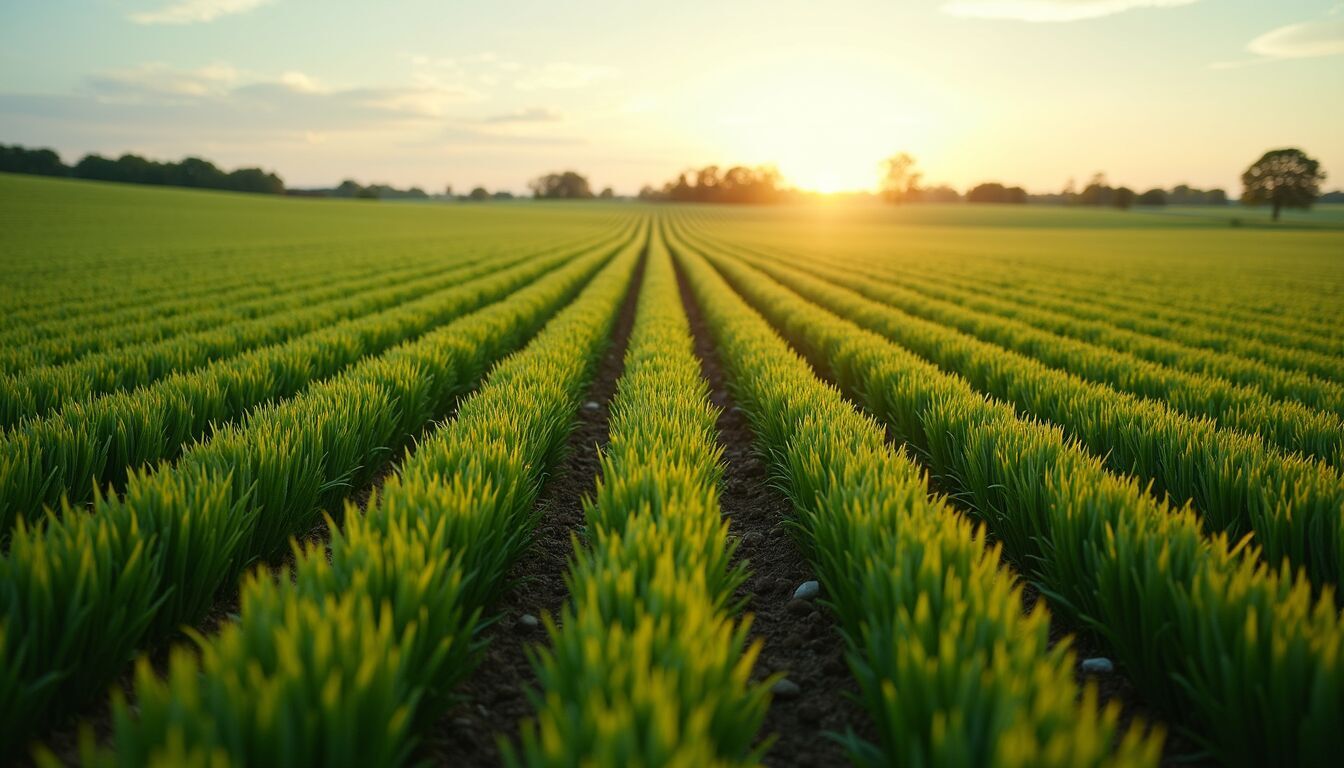 High angle view of a vast agricultural field with rows of crops