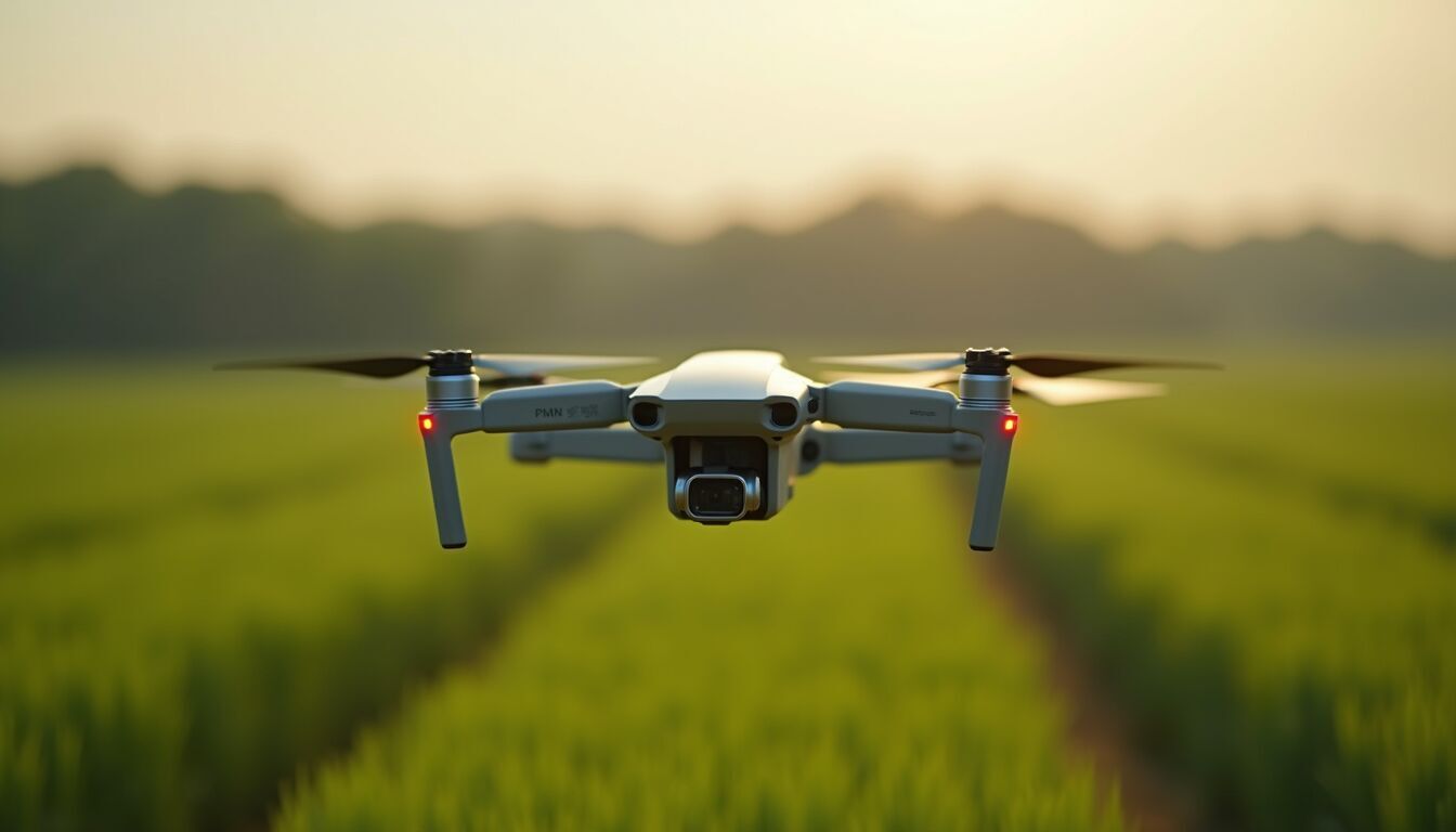 Close-up view of drone flying over a green field of crops