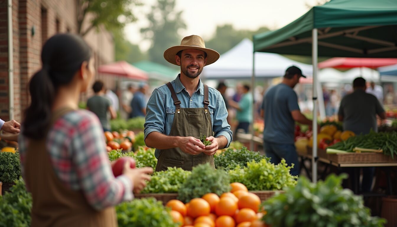 Eye-level view of a farmer greeting customers at a Community Supported Agriculture market