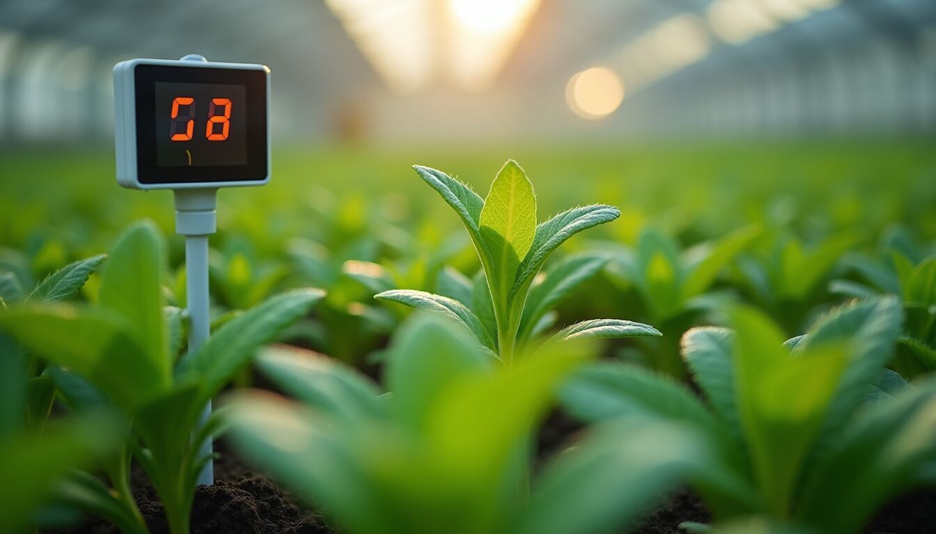 Close-up view of a digital sensor monitoring plant growth in an indoor farm
