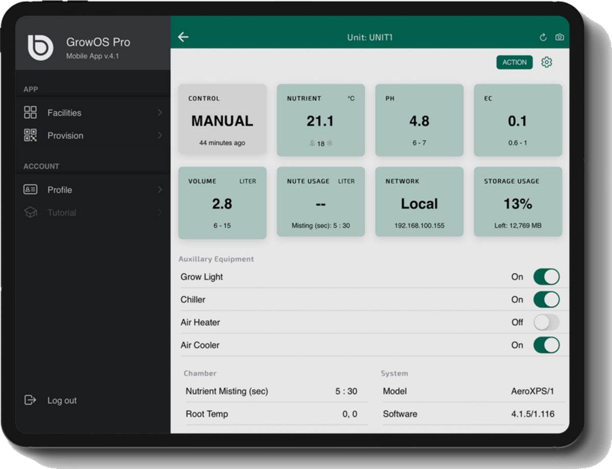 The GrowOS Pro control dashboard
